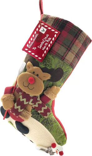 Medias de Navidad a cuadros de 21 pulgadas, ciervos, osos, animales de una pieza, fieltro de felpa grande, diseño de reno 3D, muñeco de nieve,