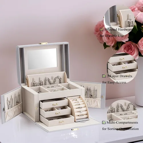 Miniatura 3 de Vlando Organizador de caja de joyería con espejo, caja de almacenamiento de joyería de cuero, collares, aretes, anillos, soportes, soporte de caja