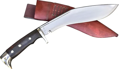 GK&CO. Kukri House Auténtica hoja Kukri de 10 pulgadas con mango de madera rosa de espiga completa, funda de cuero rojo Kukri/Khukuri, hecho a mano