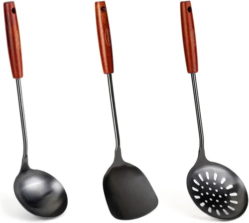 Miniatura 11 de FJNATINH Juego de espátula y cucharón para wok de 17 pulgadas, cuchara espumadora, espátula ranurada, juego de utensilios de cocina de acero