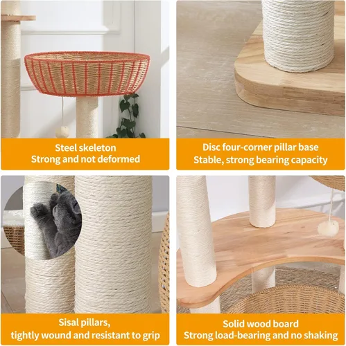 Miniatura 3 de Torre moderna de 54 pulgadas para gatos de interior, árbol rascador de roble para múltiples gatos grandes, condominio de lujo tejido a mano manual