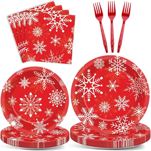 Juego de vajilla de 100 piezas de Feliz Navidad, suministros de fiesta temática de Navidad, sirve para 25 invitados, platos de papel de copos de
