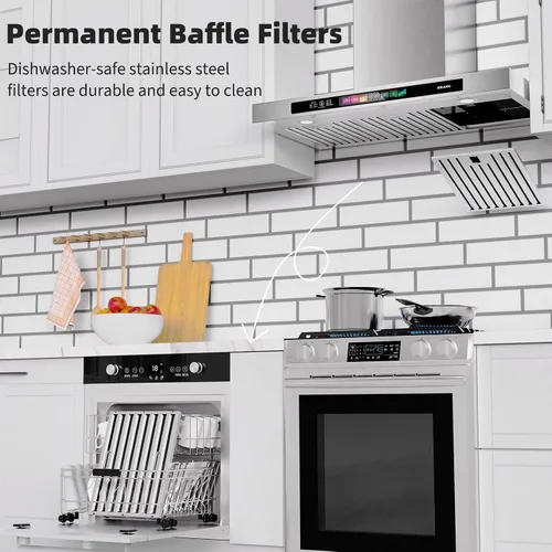 Miniatura 9 de BRANO Campana Extractora de Pared de 30 Pulgadas 900 CFM con Control por Voz/Gesto/Tacto, Campana Extractora de Cocina de Acero Inoxidable