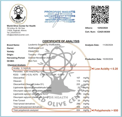 Miniatura 3 de Laudemio Sorgenti, Aceite de Oliva Extra Virgen Rico en Polifenoles de la Toscana +650 mg/kg, Cosecha Temprana Fresca 2024-2025, Premio de Oro