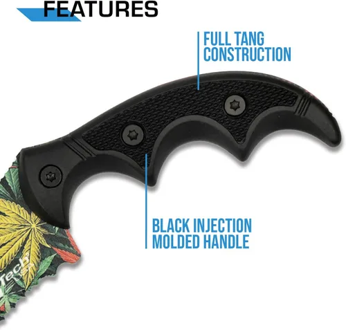 Miniatura 4 de MTech USA Cuchillo de hoja fija - Hoja de halcón dentada con patrón de malezas multicolor, mango moldeado por inyección negro, espiga completa