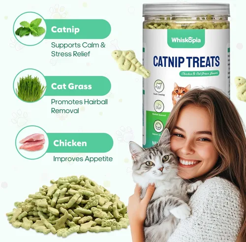 Miniatura 2 de Golosinas para gatos de interior con hierba gatera de 13.4 onzas con control de bola de pelo y cuidado dental, bocadillos naturales de pollo