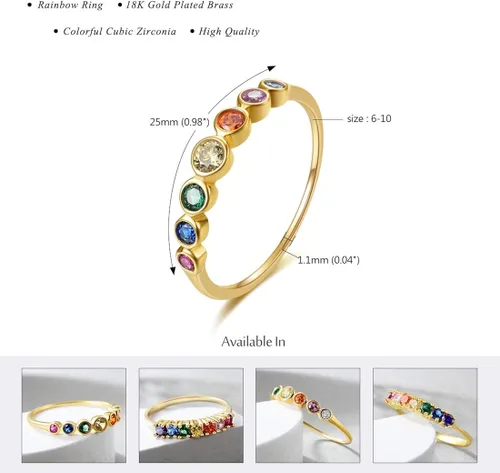 Miniatura 2 de E 14K Gold Plated Ring for Women Rainbow Eternity Jewelry Rings Band Colorful Round AAA Cubic Zirconia CZ Wedding Rings Dainty Gold Rings for Women