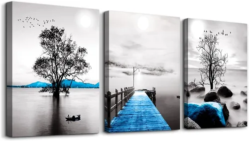 Miniatura 14 de Arte en lienzo enmarcado en negro para decoración de sala de estar y dormitorio - Pintura de pared de playa en blanco y negro - Imágenes de olas