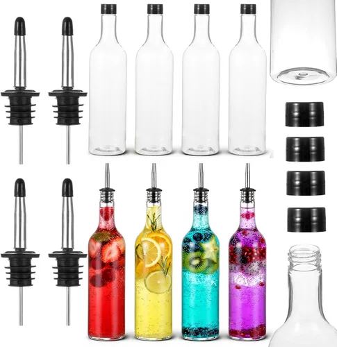 Miniatura 9 de 8 juegos de botellas de plástico de 25 onzas, botellas de jugo de jarabe de cuello largo con vertedor y tapas, recipiente de plástico a prueba