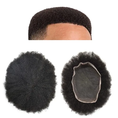 Miniatura 19 de Pelucas afro rizadas para hombre, con encaje francés, de 10 x 8 pulgadas, completamente transparente, de repuesto, sistema de cabello humano rizado
