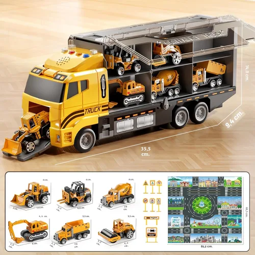Miniatura 6 de NIPLOOOW - Juego de vehículos de construcción para niños, camión de juguete con alfombra de juego y coche de juguete fundido a presión