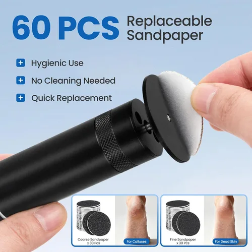 Miniatura 5 de Removedor eléctrico de callos para pies, 60 discos de papel de lija de repuesto, ajuste de velocidad de 1200 RPM, cuerpo de metal, eliminación