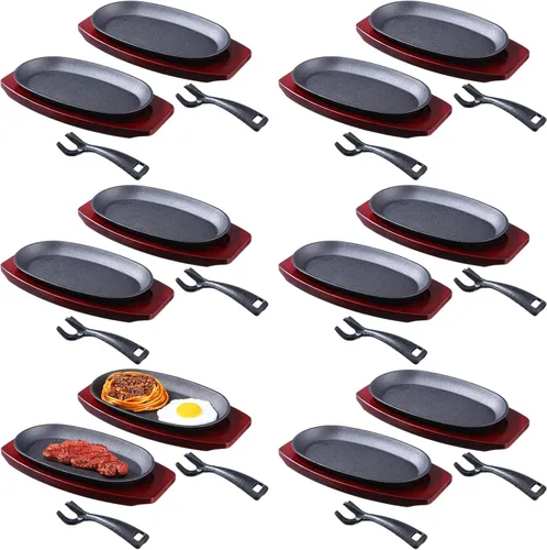 Mifoci Juego de 12 sartenes ovaladas de hierro fundido para fajita, plato pequeño para carne chisporroteante con base de madera y mango, sartén de
