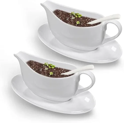 Miniatura 9 de Qlans Salsera con Cucharón y Platillo de 17 Oz, Salsera de Cerámica con Bandeja para Aderezos de Ensalada, Leche, Salsas Calientes, Crema, Caldo, 1
