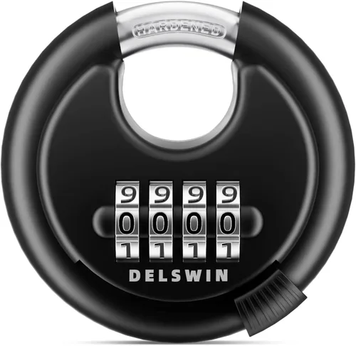 Miniatura 15 de DELSWIN Cerradura de combinación de disco de 4 dígitos para exteriores, candados de combinación resistentes con grillete de acero endurecido Negro 2