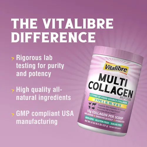 Miniatura 5 de Vitalibre Polvo de Péptidos de Colágeno Múltiple Tipo I II III V X, Proteína de Colágeno Hidrolizada para Mujeres y Hombres, Piel, Cabello, Uñas