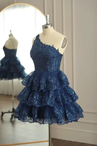 Miniatura 4 de One Shoulder Short Homecoming Dresses for Teens Sequin Sparkly Prom Dresses Tiered Lace Cocktail Dresses
