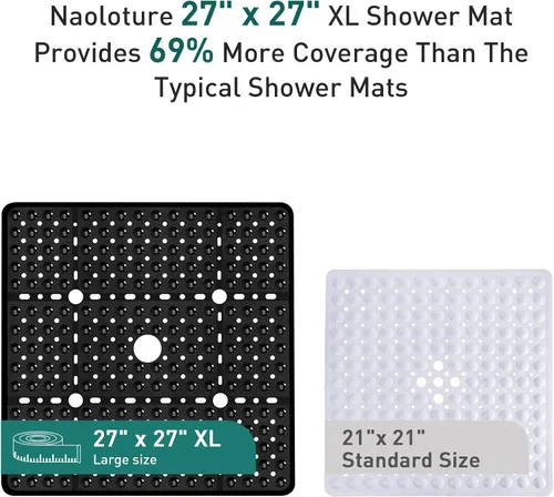 Miniatura 3 de Tapete de ducha cuadrado grande de 27 x 27 pulgadas, color negro, tapete antideslizante para ducha interior con grandes orificios de drenaje