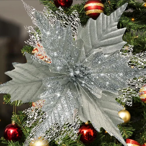 Miniatura 9 de Flores de Pascua de Navidad con purpurina de 10'' de stadeco, 10 unidades, adornos de árbol de Navidad con flores artificiales con tallos largos