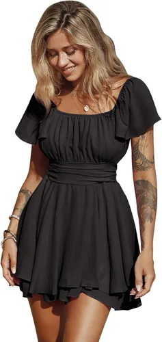 EXLURA Vestido de verano para mujer, con volantes, manga corta, con lazo en la espalda, cuello cuadrado, acampanado, lindo y corto
