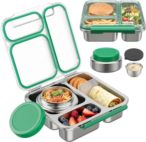 Miniatura 10 de Pawtong Caja Bento de Acero Inoxidable para Niños y Adultos con Frasco de Comida Aislado de 7 oz, Caja de Almuerzo de Metal con Tapa Transparente