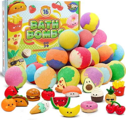 Zippytots - Bombas de baño para niños con juguetes de comida en el interior, paquete de 16 surtidos de burbujas de baño sorpresa coloridas, bombas