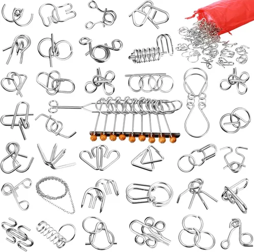 Juego de 36 Rompecabezas Mentales de Metal con Bolsa, Juegos de CI de Acero Física Mental Rompecabezas de Metal para Adultos Cesta Rellenos de
