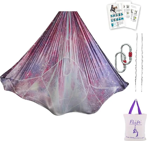 Miniatura 10 de F.Life Kit de hamaca de yoga aéreo, columpio de yoga, multicolor, 5 yardas, yoga volador, incluye cadena de margarita, mosquetón y guía de postura
