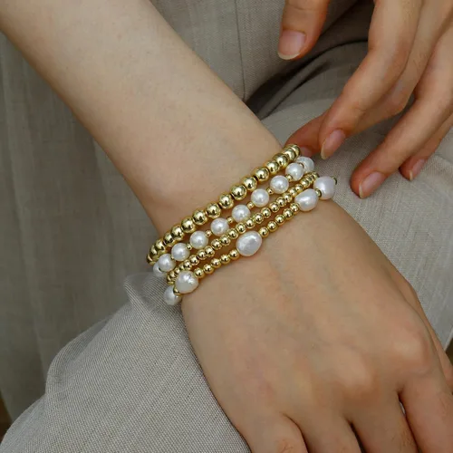 Miniatura 4 de Pulseras de cuentas de oro para mujer, perlas barrocas apilables, chapadas en oro de 14 quilates, pulsera de bolas elásticas para regalo de joyería