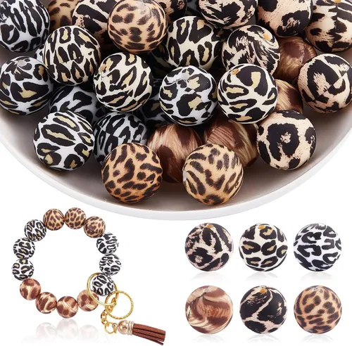 Miniatura 10 de 100 cuentas de silicona de 0.591 in con estampado de vaca, estampado de cebra, estampado de leopardo, cuentas de silicona con estampado de animales