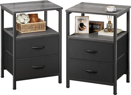 Miniatura 12 de Huuger Mesita de noche con 2 cajones, mesa auxiliar de cama con estante abierto, parte superior de madera, mesita de noche para dormitorio, mesa