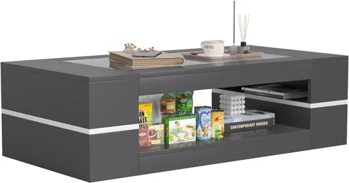 Miniatura 6 de HedoAjim Mesa de centro moderna y elegante de 47.2 pulgadas con parte superior de cristal, mesa grande para sala de estar, mesas centrales