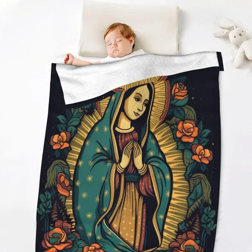 Miniatura 6 de Manta de Franela de la Virgen María, 50" x 40", Manta Negra con Temática de Nuestra Señora de Guadalupe para el Hogar, Cama, Sofá, Sillón, Regalos
