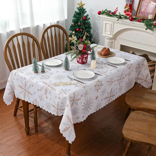 Miniatura 2 de Mantel de Navidad de 60 x 104 pulgadas, decoración de copos de nieve, mantel dorado blanco para el hogar, mantel de temporada de invierno con borde