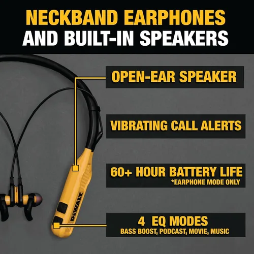 Miniatura 4 de DEWALT Paquete de audio para el sitio de trabajo: altavoz de clip portátil y auriculares con banda para el cuello 2 en 1