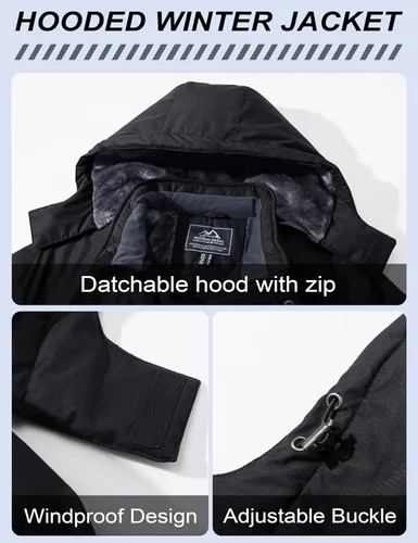 Miniatura 4 de MAGCOMSEN - Abrigos de invierno para hombre, impermeables, con forro polar, parka, con capucha, para esquiar, senderismo, trabajo Negro