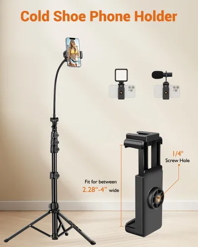 Miniatura 5 de Trípode para teléfono, trípode de 85 pulgadas de alto para iPhone con control remoto, cuello de cisne y soporte para teléfono, soporte para teléfono