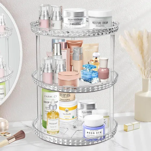 Miniatura 8 de Organizador de baño Lazy Susan de 2 niveles, organizador de maquillaje cosmético giratorio transparente de 360 grados para tocador, organizador