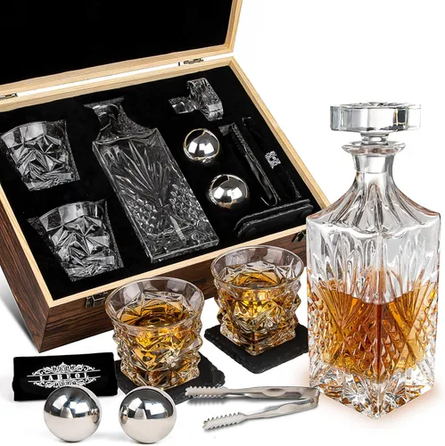 Juego de decantador de whisky, juego de regalo de piedras de whisky para hombres, caja de regalo con bolas de acero inoxidable reutilizables, vasos,