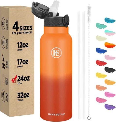 Miniatura 46 de Han's Bottle - Botella de agua para niños con tapa con pajilla - Vaso reutilizable de acero inoxidable aislado para niñas, niños, taza termo, 17