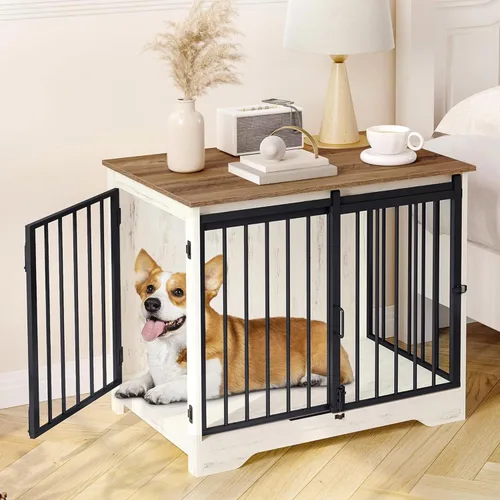 Hzuaneri Mueble de jaula para perros de 31.9 pulgadas con puerta de granero, perrera resistente para interiores con 2 puertas, mesa auxiliar de