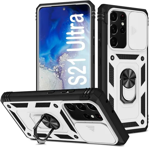 Miniatura 23 de PASNEW Funda para Samsung Galaxy S22 Ultra 5G, cubierta de cámara deslizante y soporte de dedo de metal giratorio de 360°, militar, resistente, a