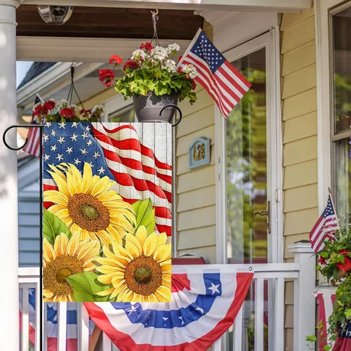 Miniatura 4 de Hzppyz Bandera patriótica de jardín de primavera y verano con girasoles del 4 de julio, Día de los Caídos, decoración para exteriores de doble cara