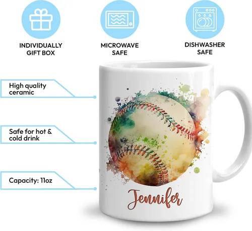 Miniatura 3 de Hyturtle Regalos personalizados para los amantes del béisbol – Taza de café de cerámica con nombre personalizado de 11 onzas – Idea de regalo