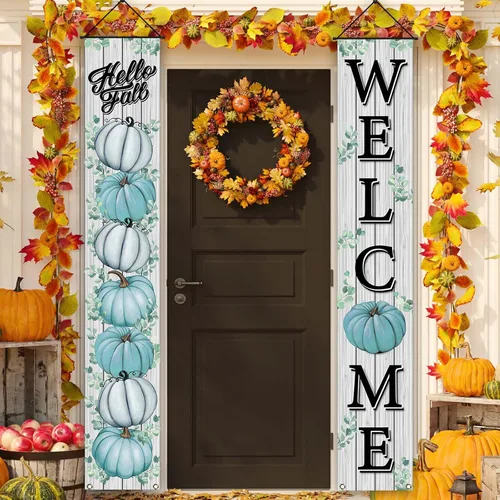 Cartel de otoño de otoño con hojas de eucalipto de calabaza azul, decoración de Acción de Gracias, tablero para colgar en la pared, suministros de