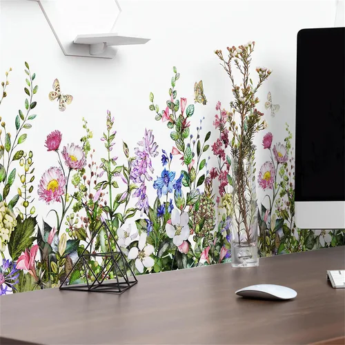 Miniatura 2 de Calcomanía de pared de flores coloridas y mariposas, arte floral de sacinora con plantas verdes, vinilo extraíble para despegar y pegar para sala