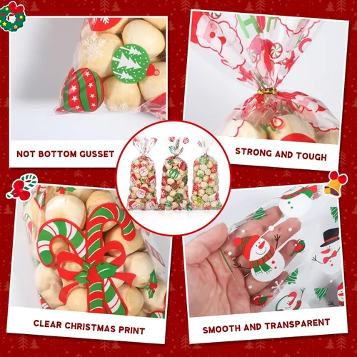 Miniatura 3 de Pasimy 100 Piezas Bolsas de Celofán Navideñas para Dulces con Lazos Bolsa de Regalo de Plástico Transparente a Granel Bolsas de Celofán Navideñas