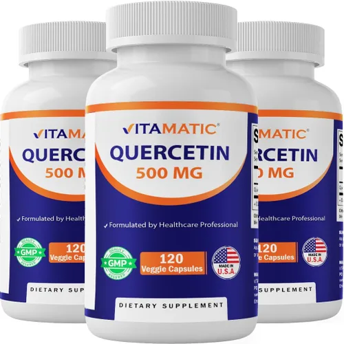 Vitamatic Paquete de 3 quercetina de 500 mg, 120 cápsulas vegetarianas (sin OMG, sin gluten, vegano) - Apoya la salud cardiovascular