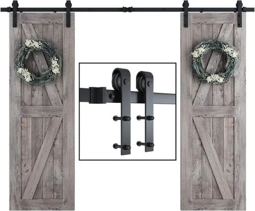 Miniatura 10 de SMARTSTANDARD Kit de herrajes para puerta de granero doble de 8 pies, pista de puerta corredera: suave y silenciosa - incluye instrucciones