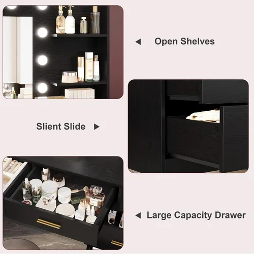 Miniatura 5 de GarveeHome Escritorio de maquillaje de 61 pulgadas con espejo y luces, tocador negro con 8 cajones de almacenamiento anchos y estantes de 2 niveles